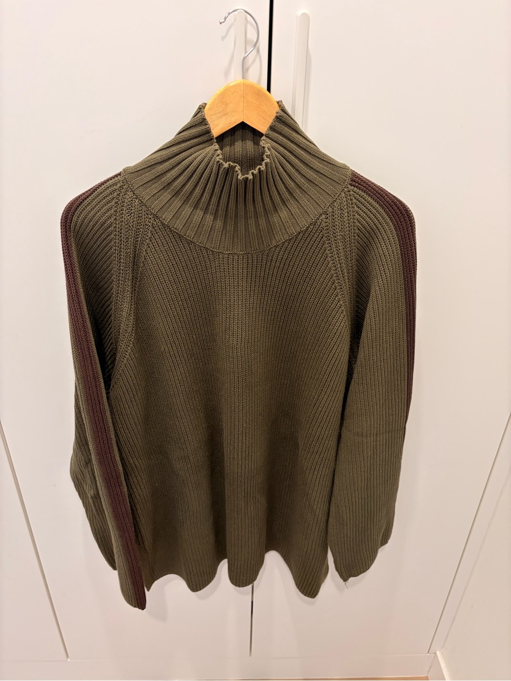KOTN Olive Green Turtleneck Sweater with Brown Sleeve Stripe